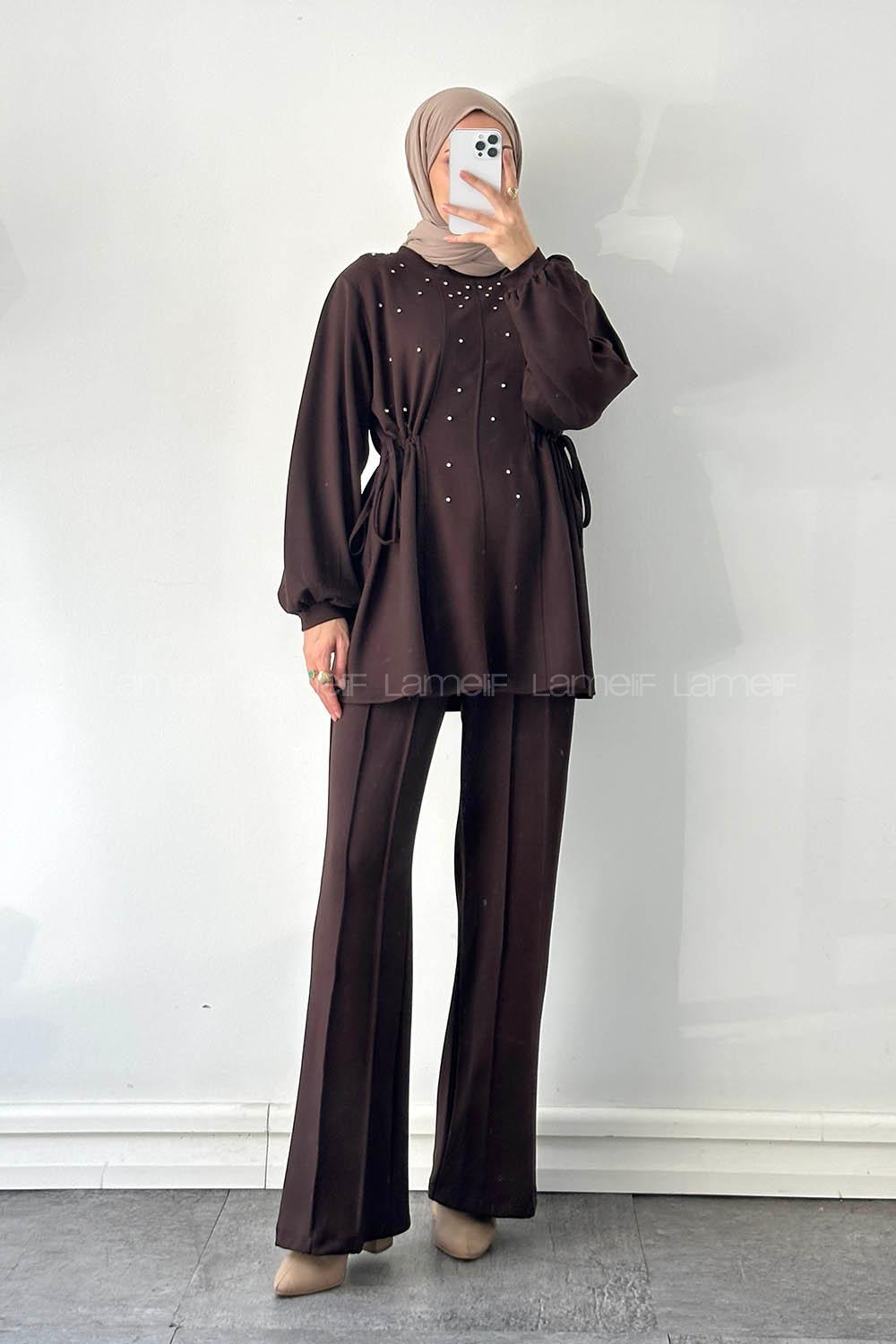 Lamelif Oysho Taşlı İkili Takım Acı Kahve