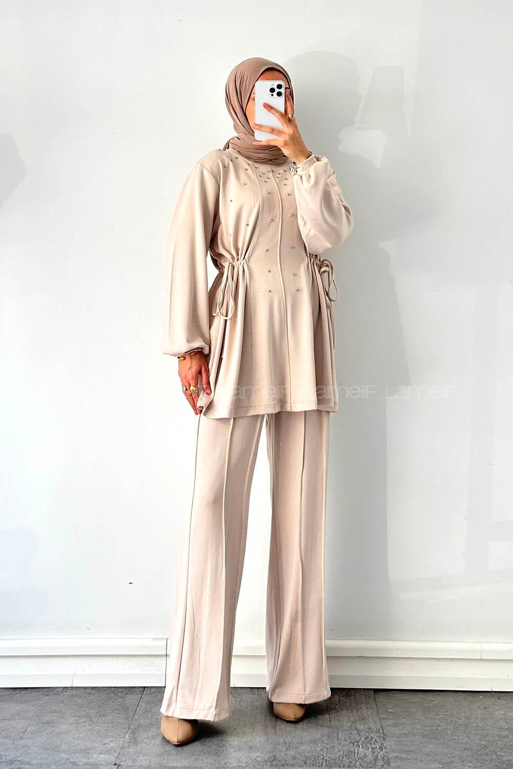 Lamelif Oysho Taşlı İkili Takım Krem