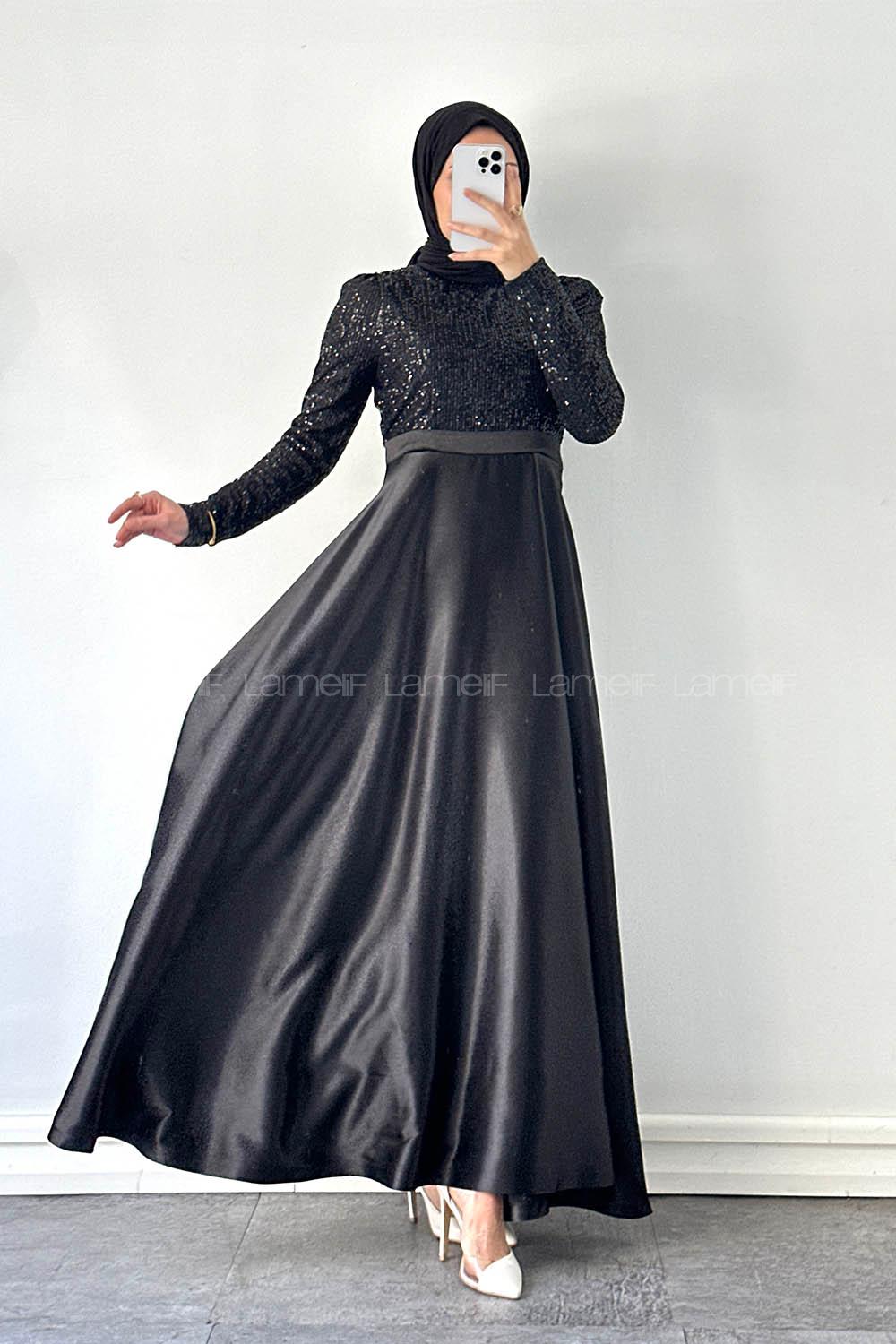 Lamelif Pul Payet Detaylı Elbise Siyah