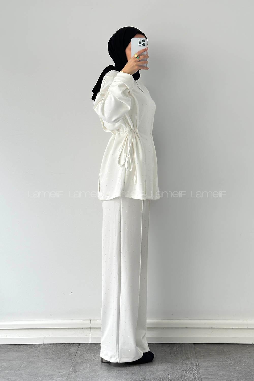 Lamelif Tünel Detaylı Taşlı Takım Beyaz