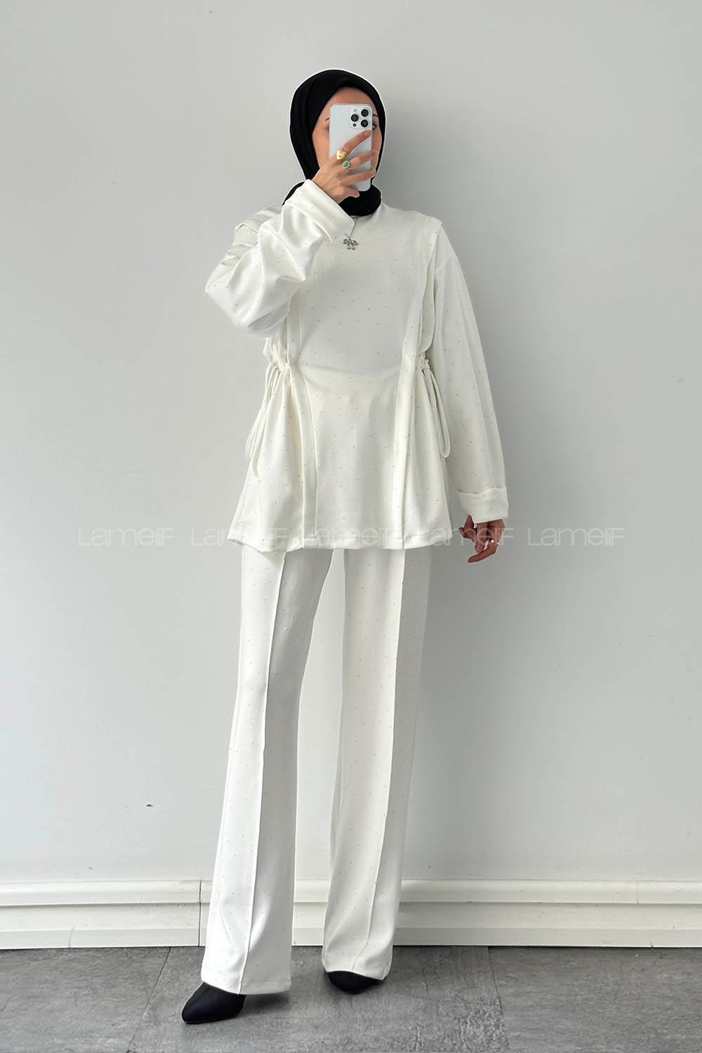 Lamelif Tünel Detaylı Taşlı Takım Beyaz