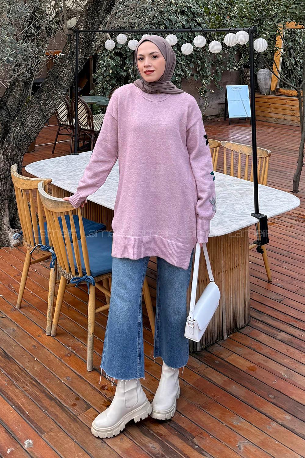 Lamelif Çiçek Detaylı Triko Kazak Lila