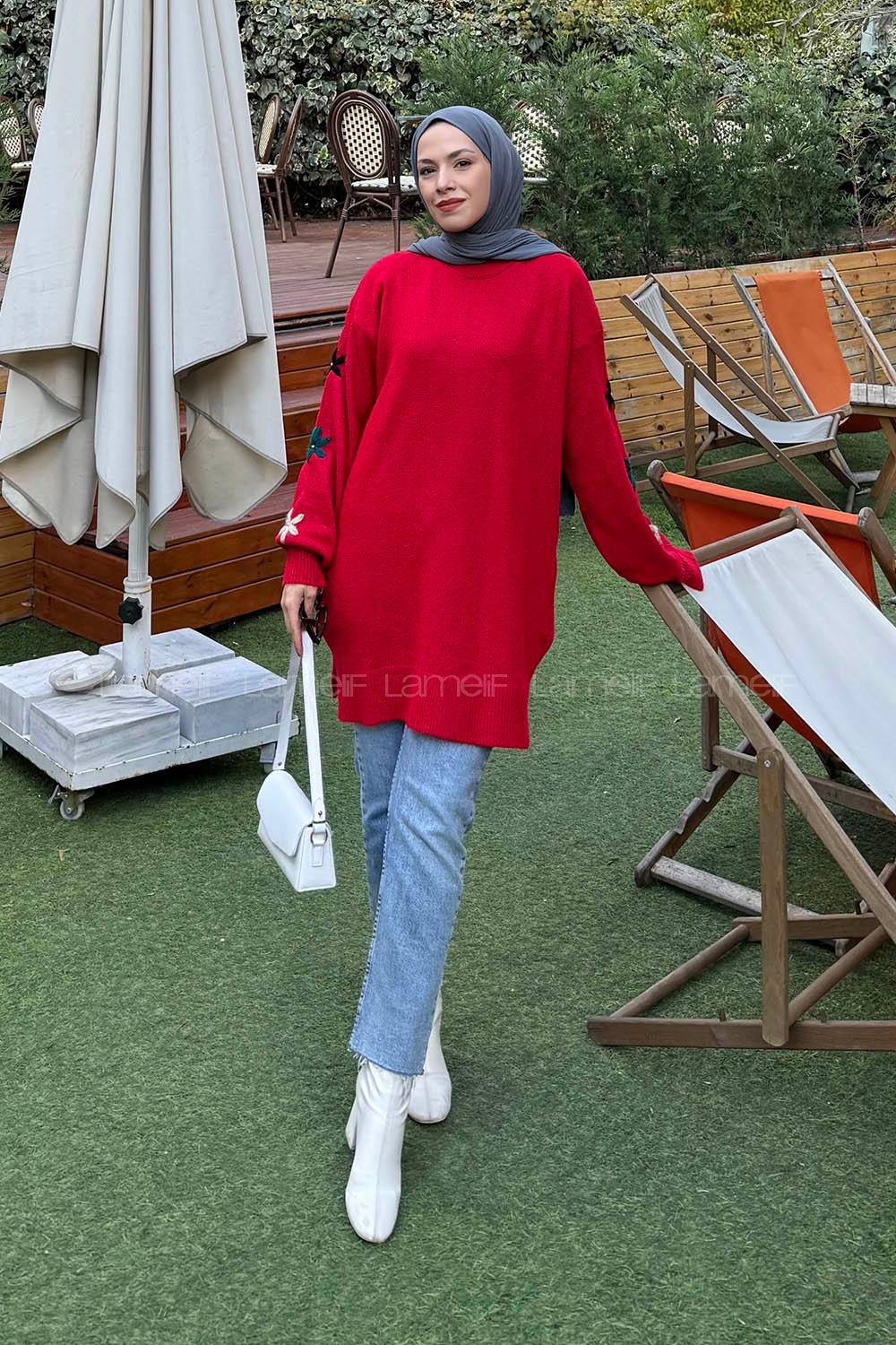 Lamelif Çiçek Detaylı Triko Kazak Nar Çiçeği