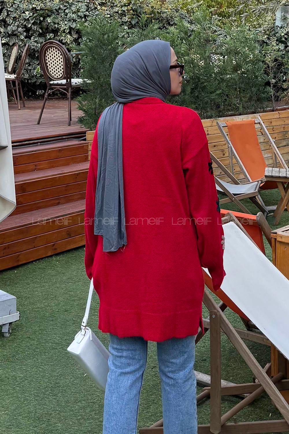 Lamelif Çiçek Detaylı Triko Kazak Nar Çiçeği