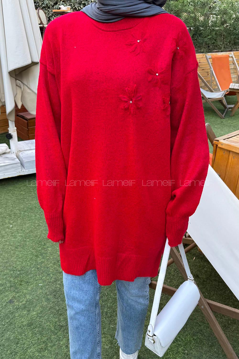 Lamelif Çiçek Detaylı Triko Kazak Nar Çiçeği