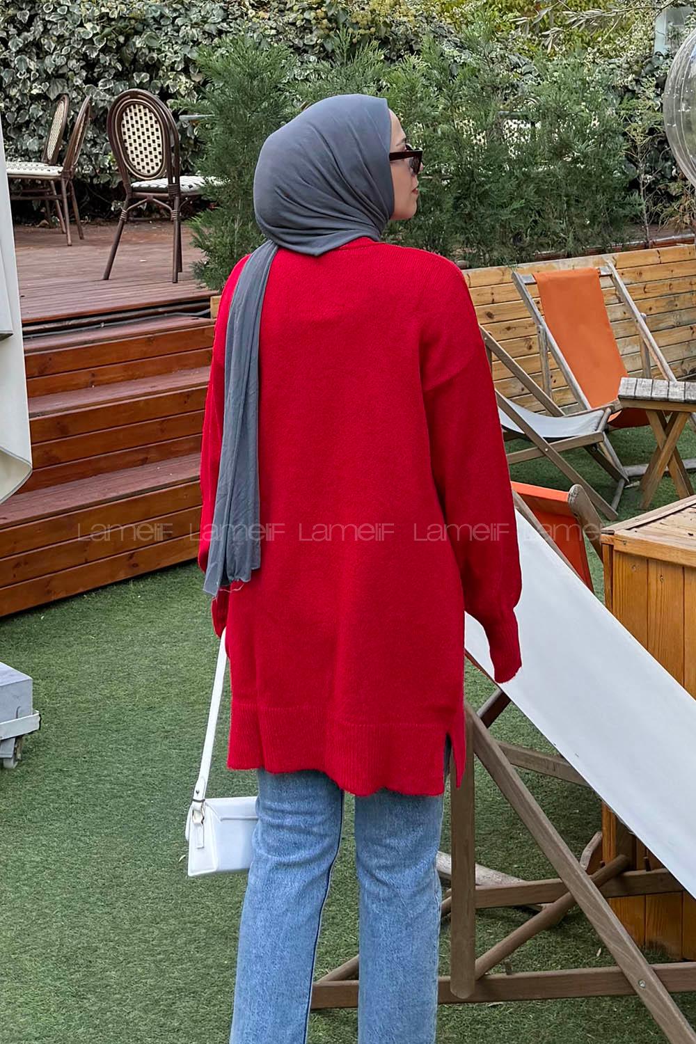 Lamelif Çiçek Detaylı Triko Kazak Nar Çiçeği