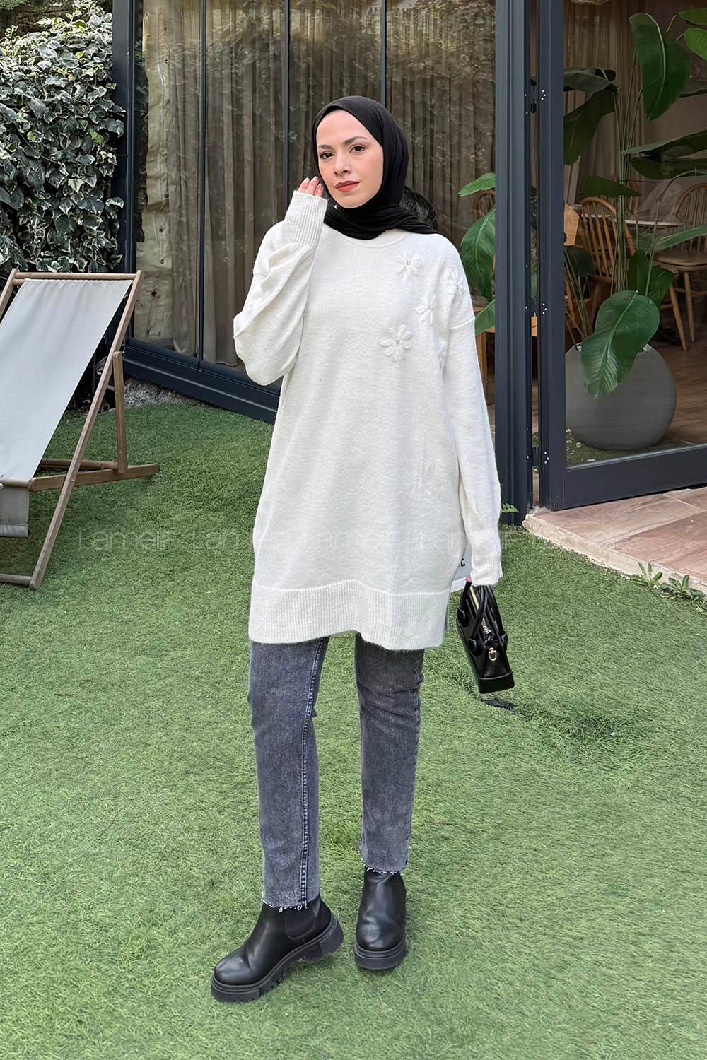 Lamelif Çiçek Detaylı Triko Kazak Natural