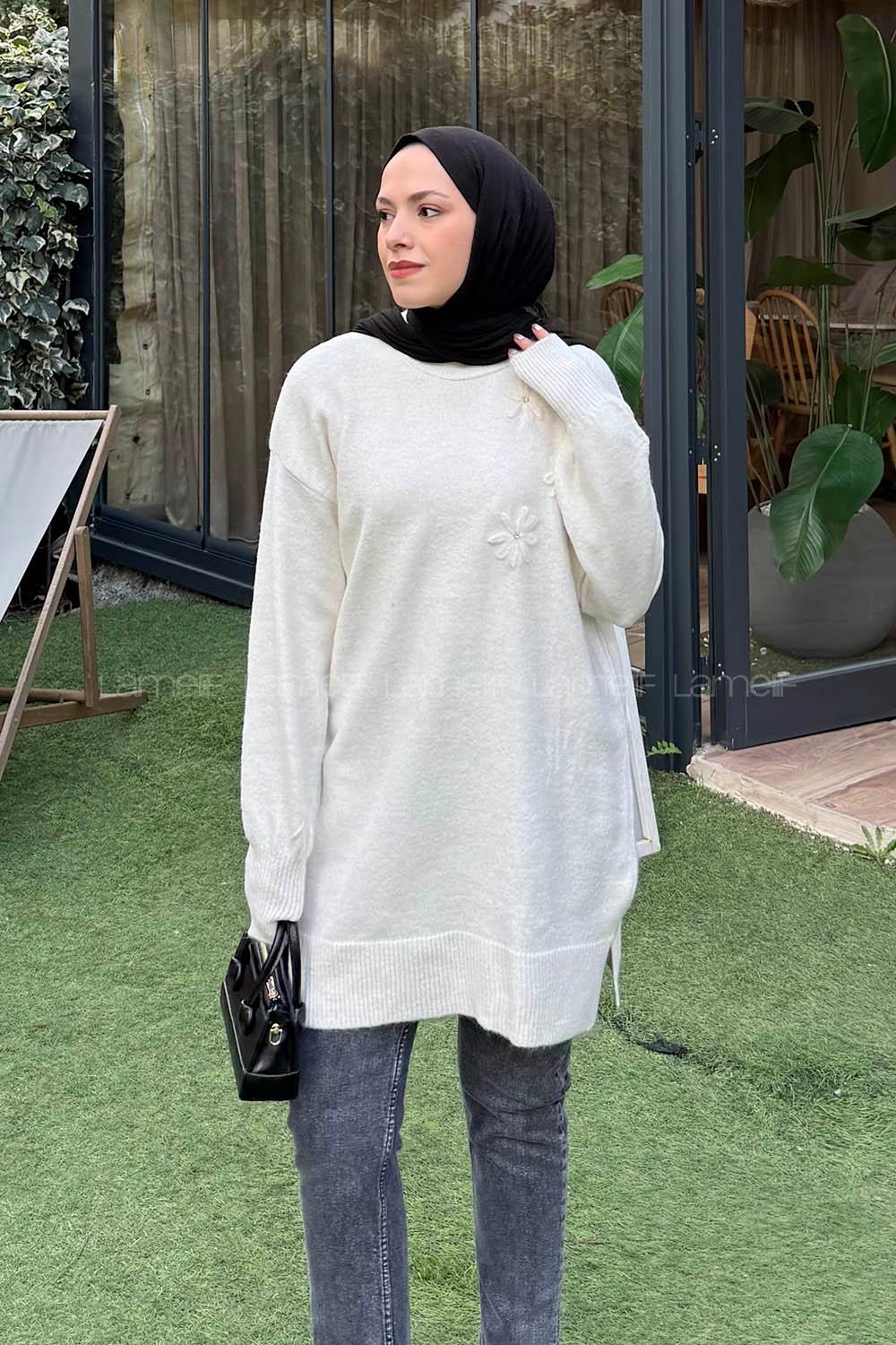 Lamelif Çiçek Detaylı Triko Kazak Natural