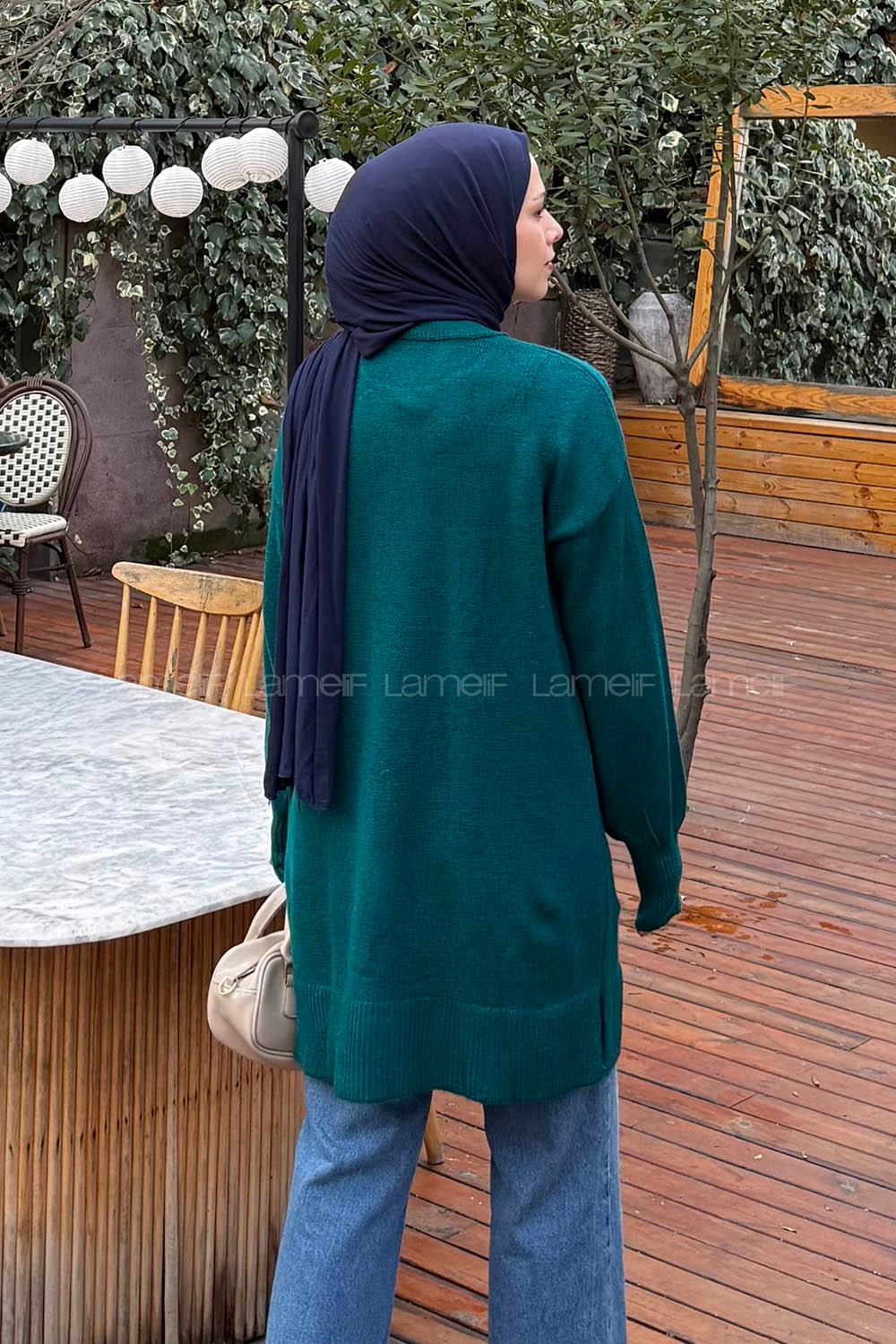 Lamelif Çiçek Detaylı Triko Kazak Zümrüt Yeşili