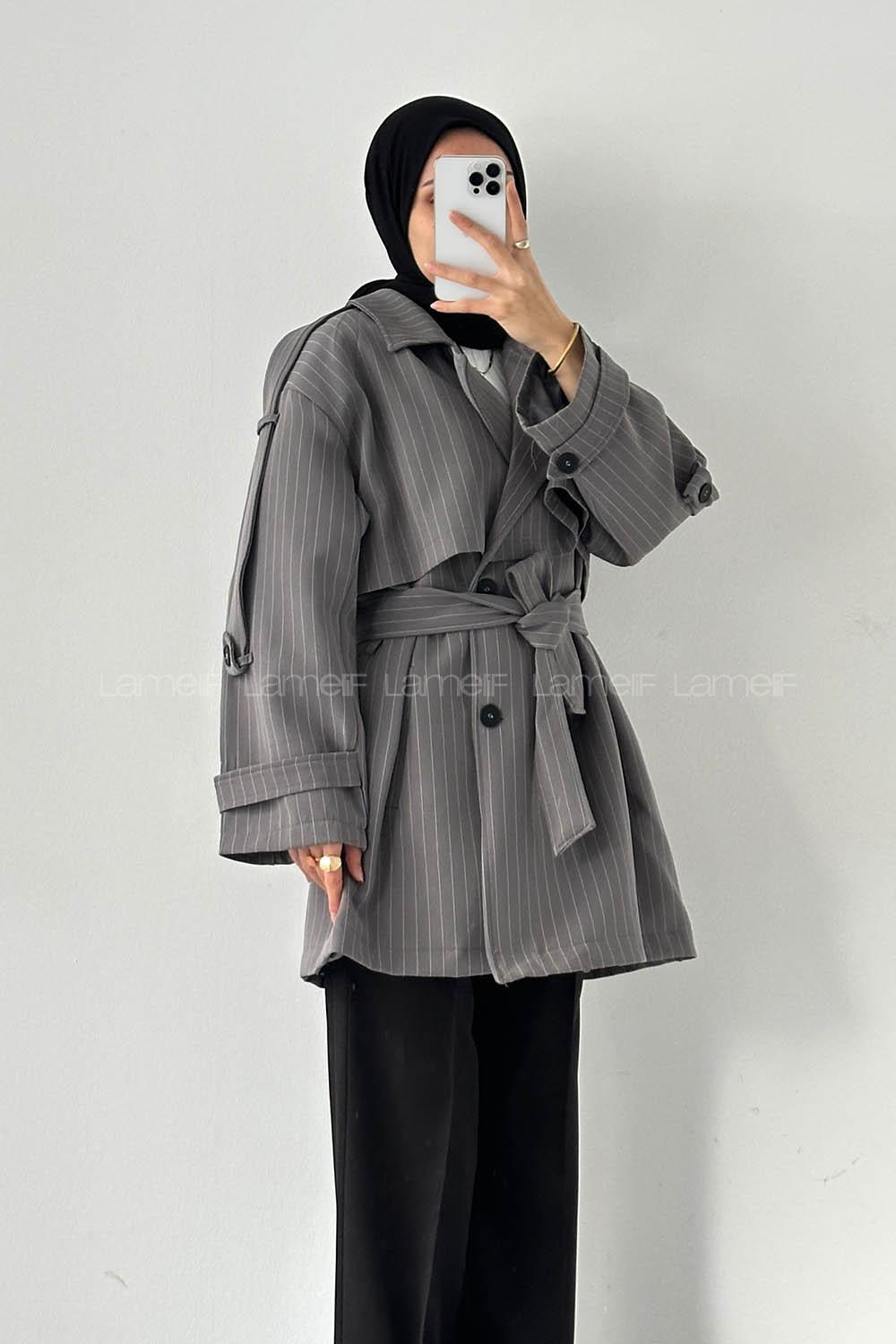 Lamelif Çizgili Omuz Apoletli Trençkot Antrasit