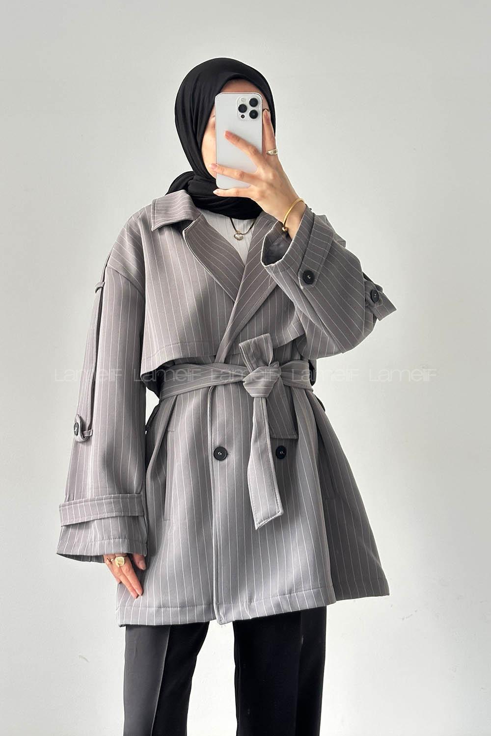Lamelif Çizgili Omuz Apoletli Trençkot Antrasit
