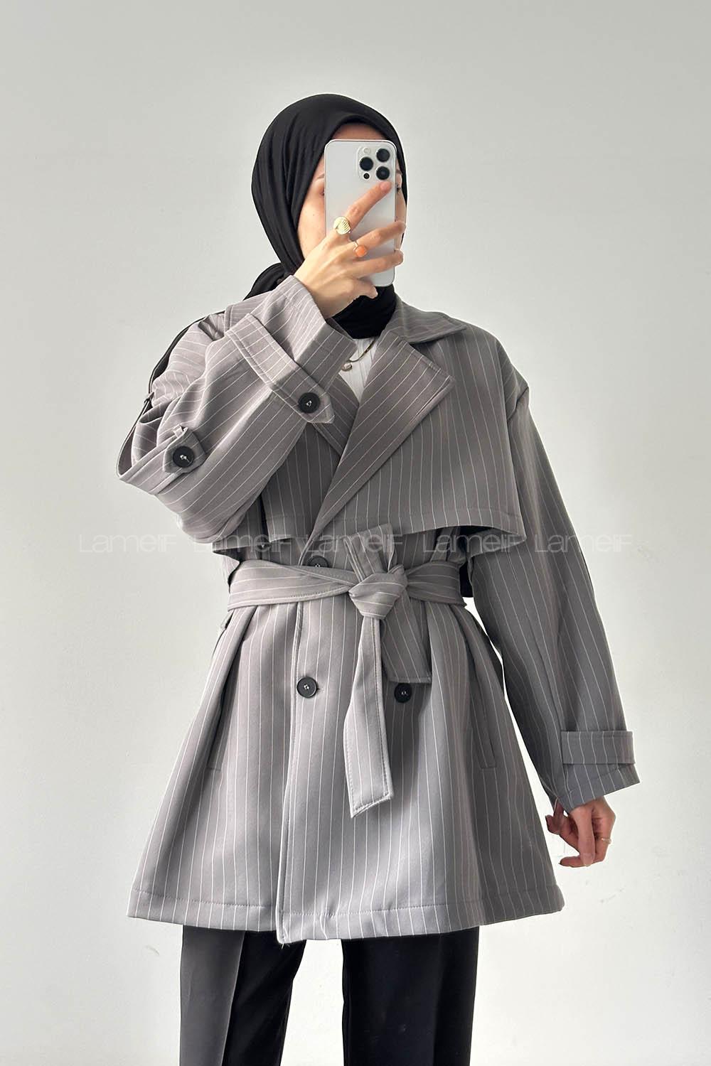Lamelif Çizgili Omuz Apoletli Trençkot Antrasit