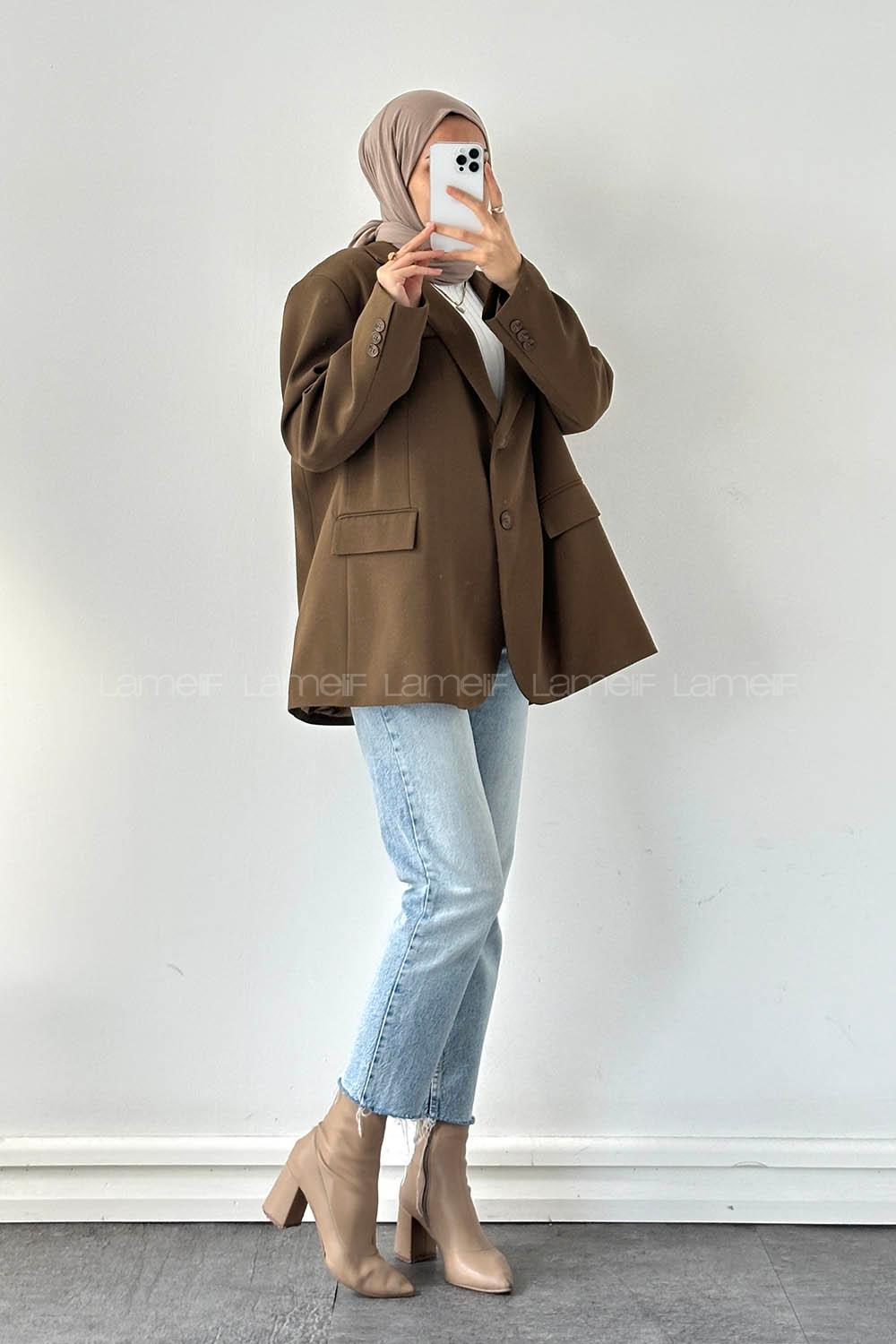 Lamelif Dekoratif Cep Detaylı Tesettür Ceket Haki