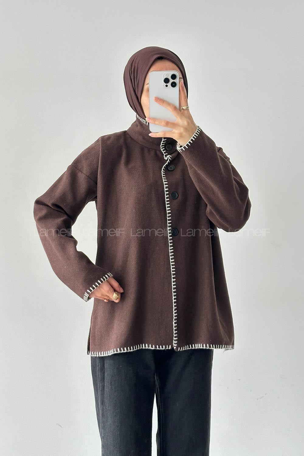 Lamelif Dikiş Detaylı Panço Acı Kahve