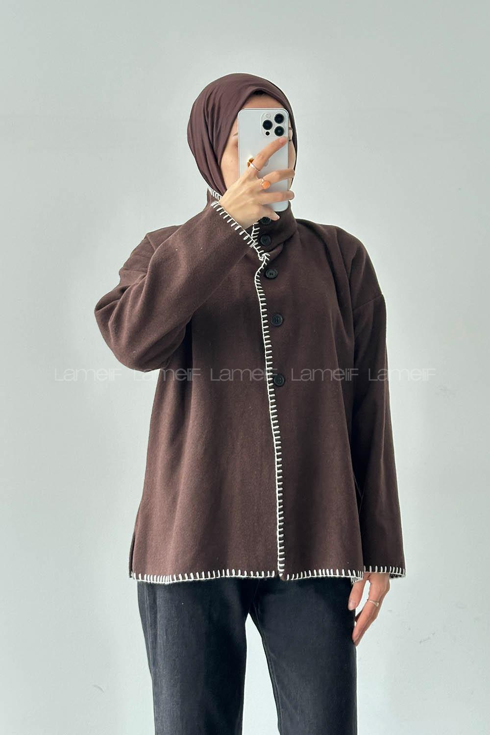 Lamelif Dikiş Detaylı Panço Acı Kahve