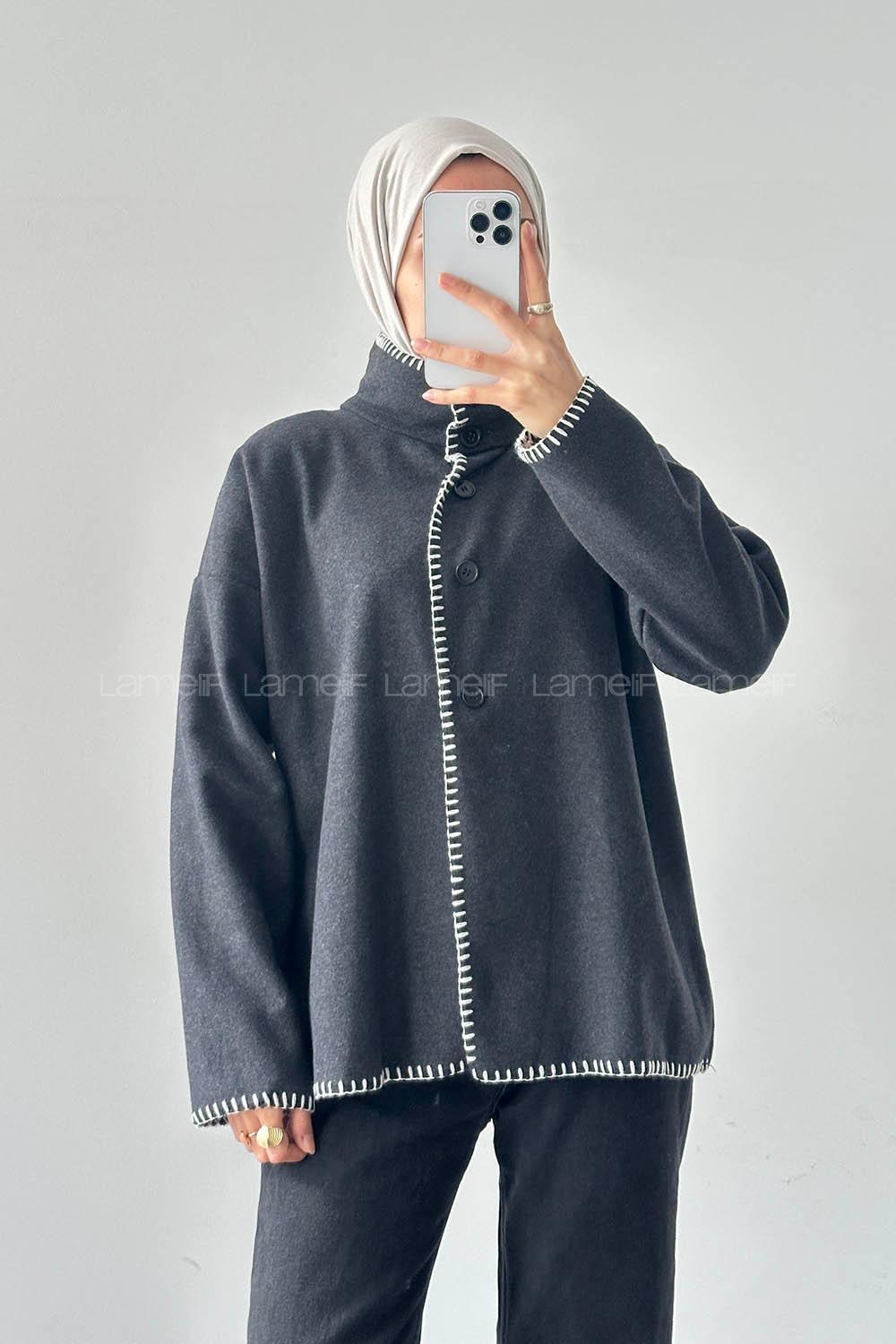 Lamelif Dikiş Detaylı Panço Antrasit