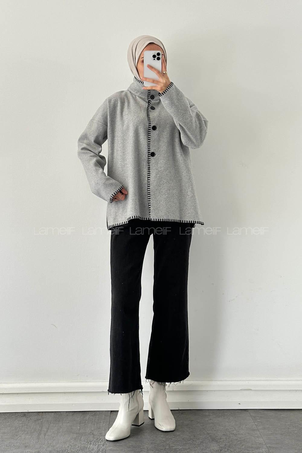 Lamelif Dikiş Detaylı Panço Gri