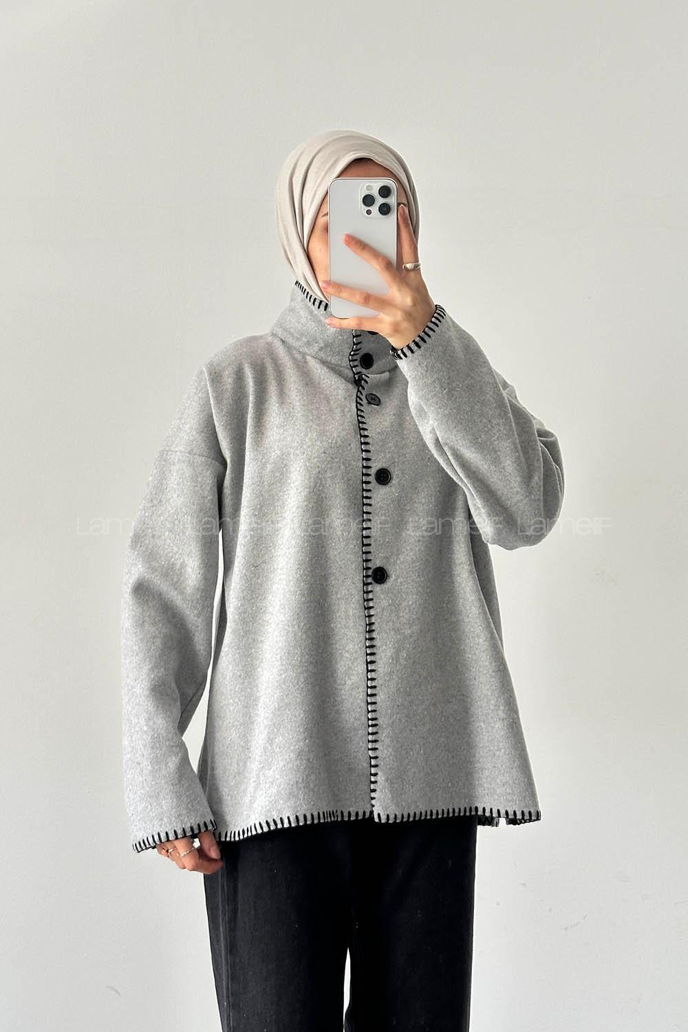 Lamelif Dikiş Detaylı Panço Gri