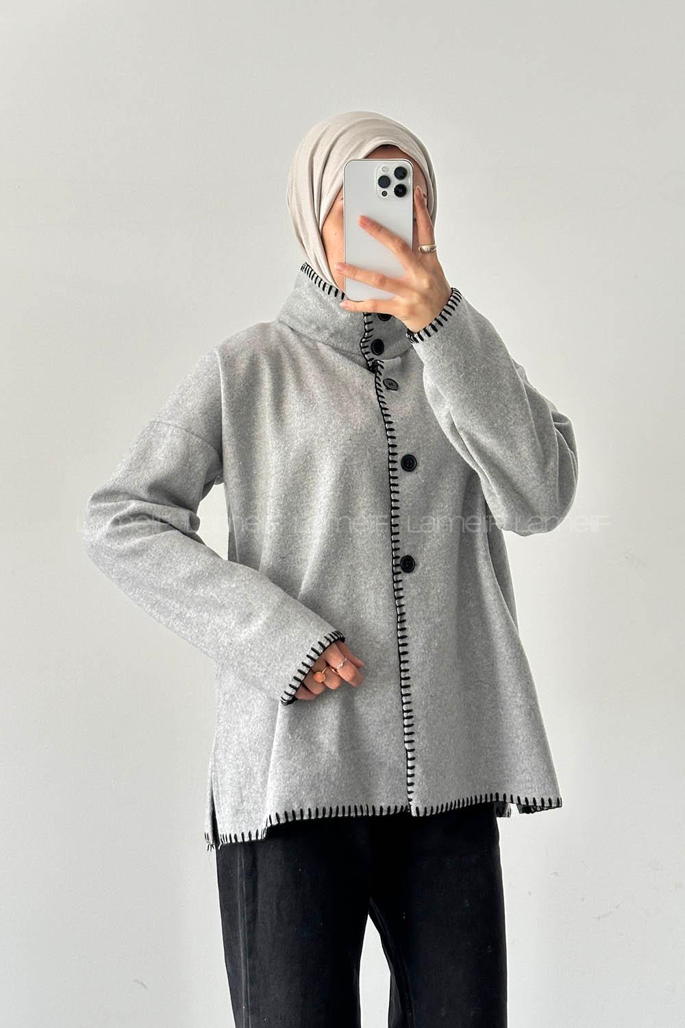 Lamelif Dikiş Detaylı Panço Gri
