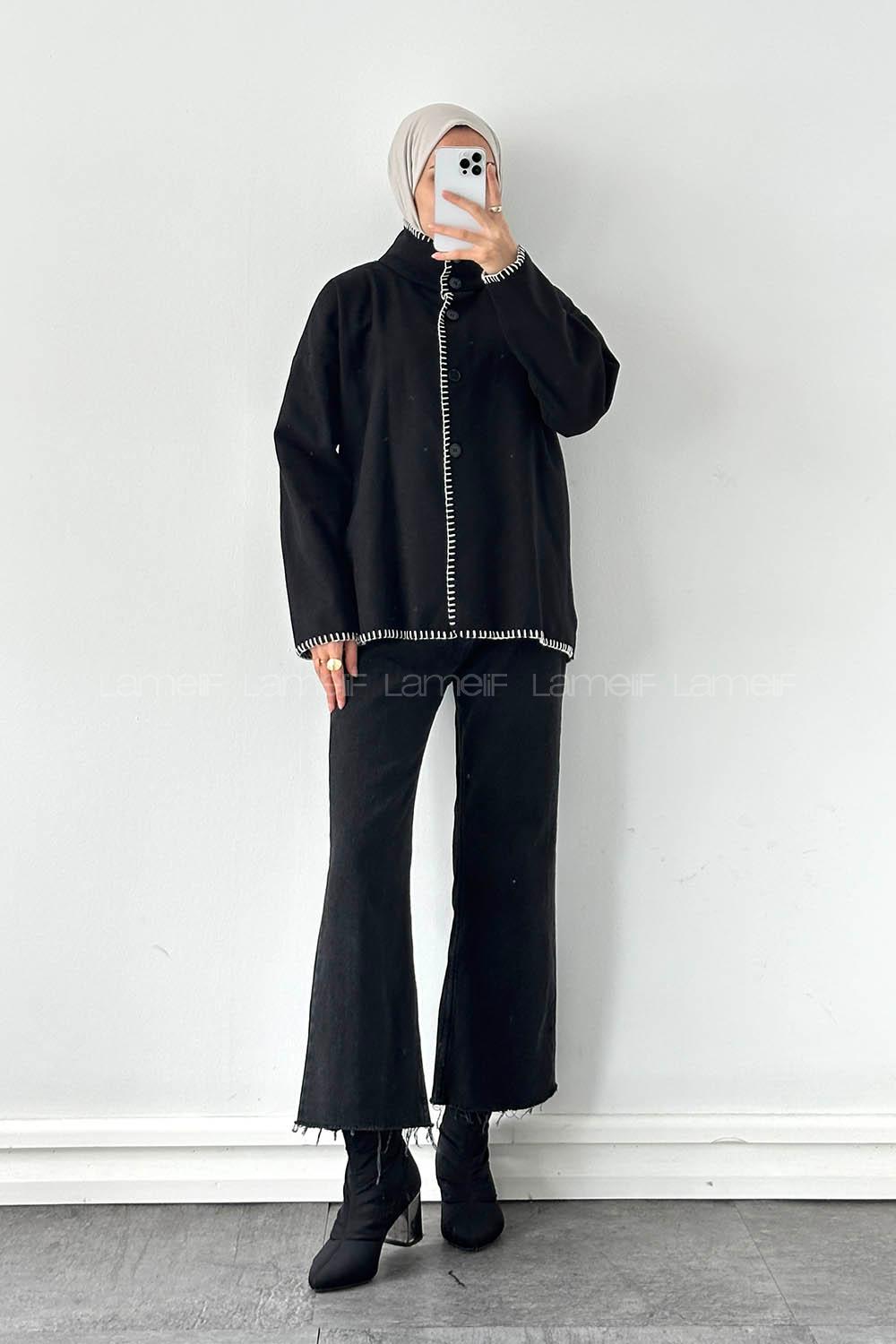 Lamelif Dikiş Detaylı Panço Siyah