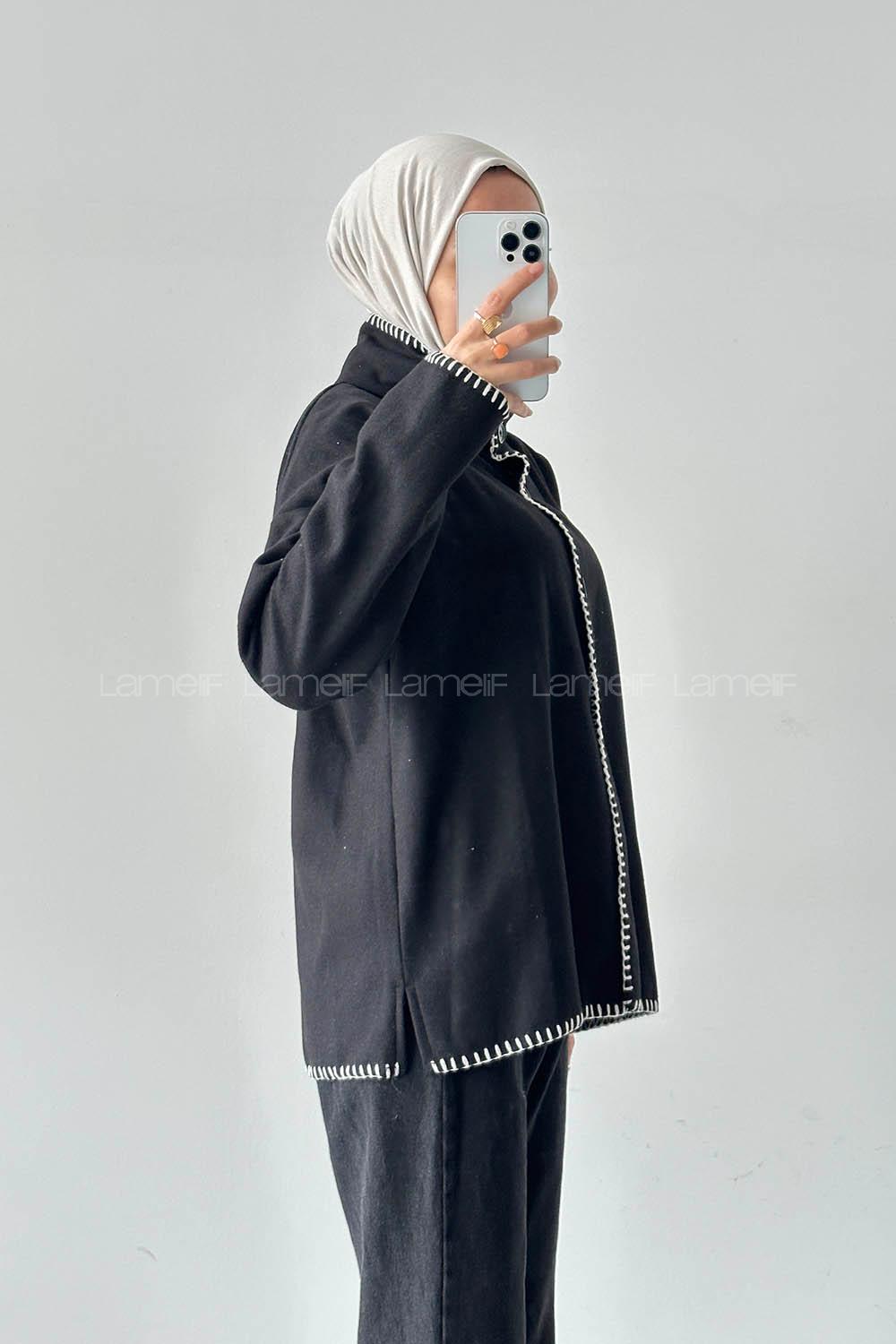 Lamelif Dikiş Detaylı Panço Siyah