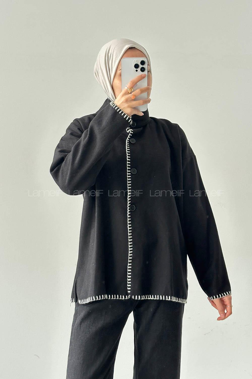 Lamelif Dikiş Detaylı Panço Siyah