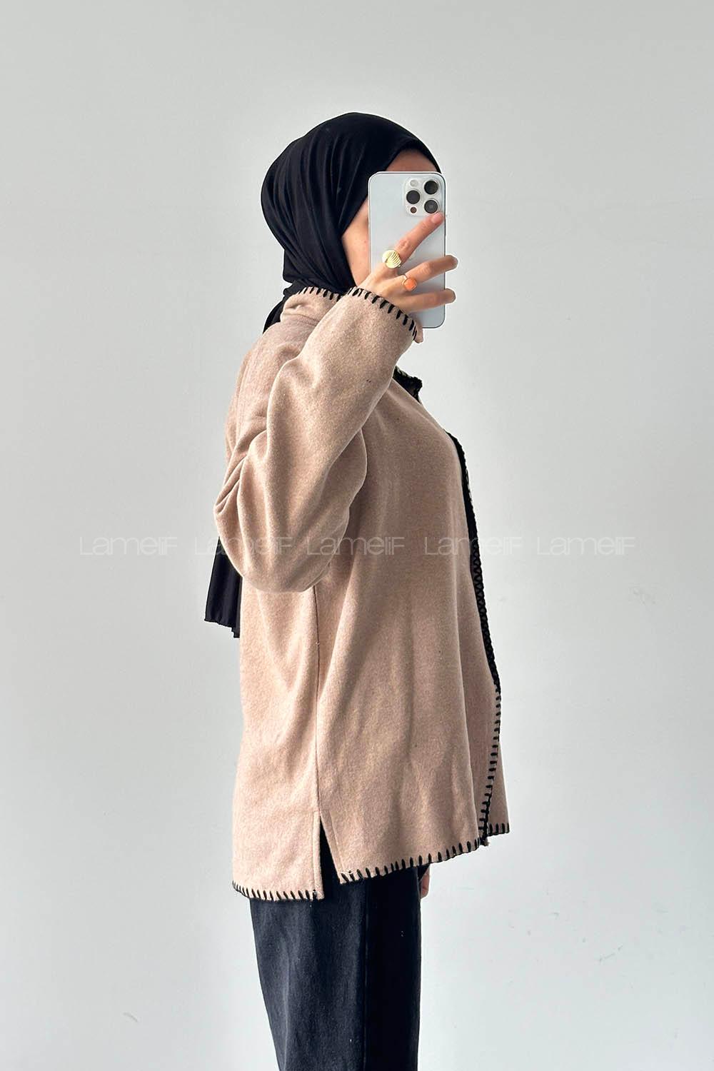 Lamelif Dikiş Detaylı Panço Sütlü Kahve