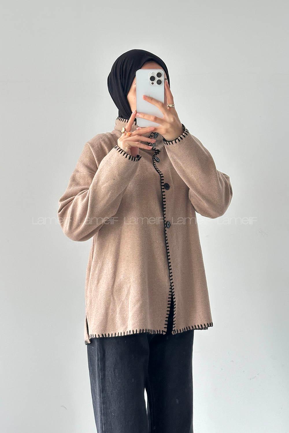 Lamelif Dikiş Detaylı Panço Sütlü Kahve