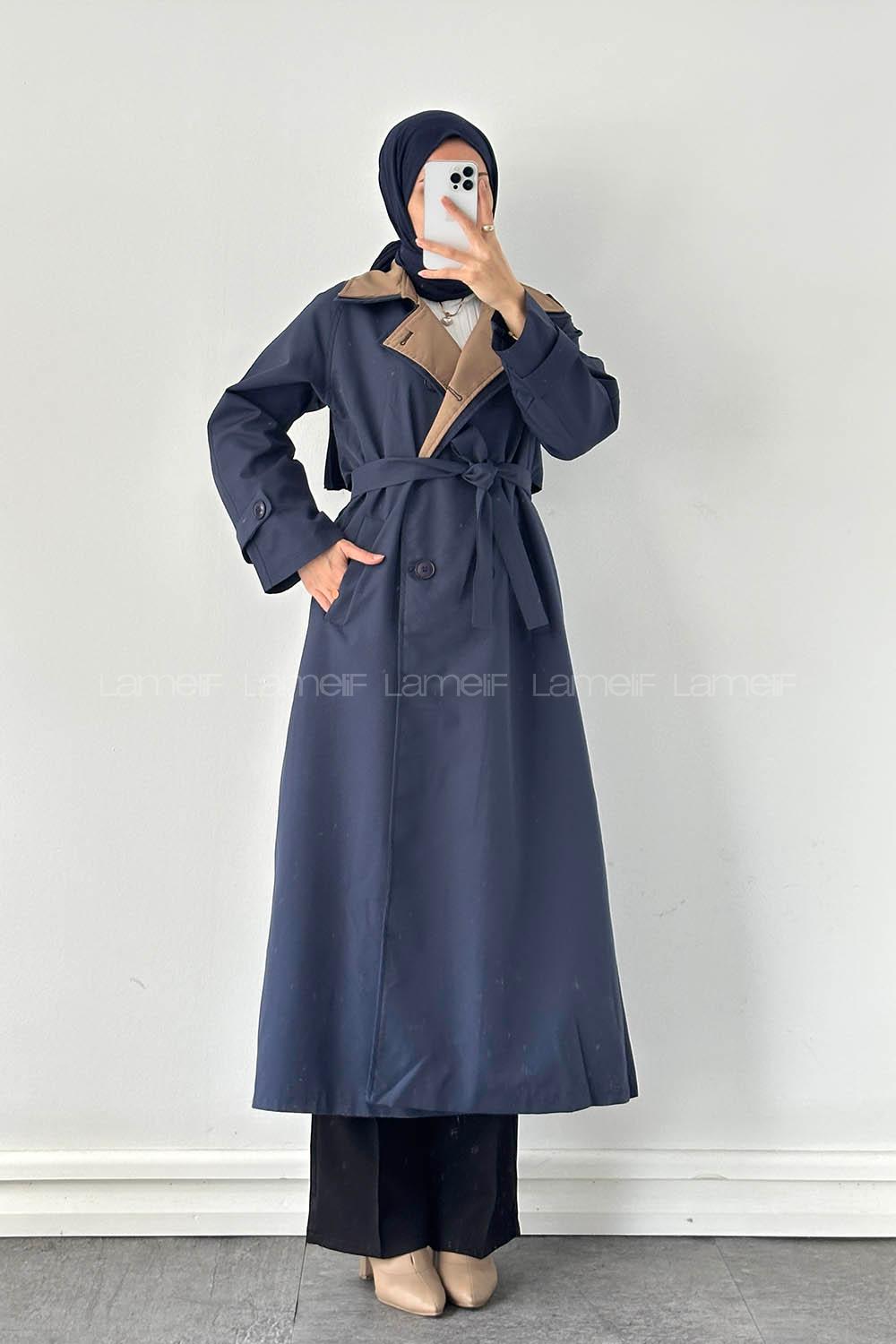 Lamelif Garnili Uzun Trenç Lacivert