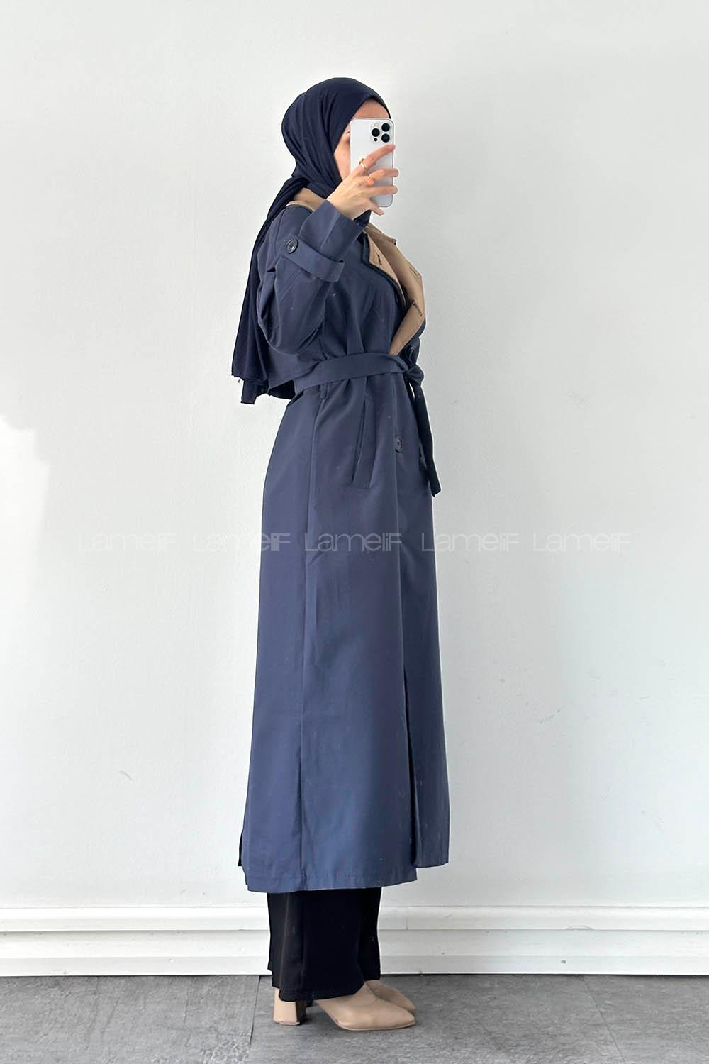 Lamelif Garnili Uzun Trenç Lacivert