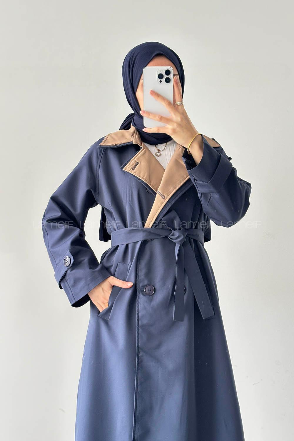 Lamelif Garnili Uzun Trenç Lacivert