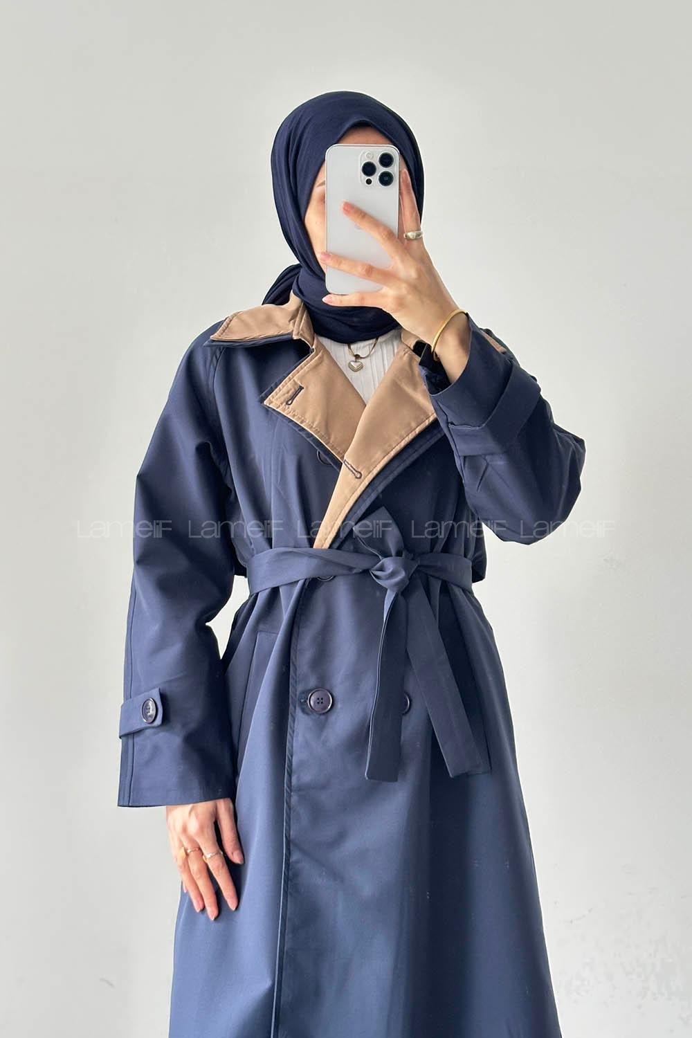 Lamelif Garnili Uzun Trenç Lacivert