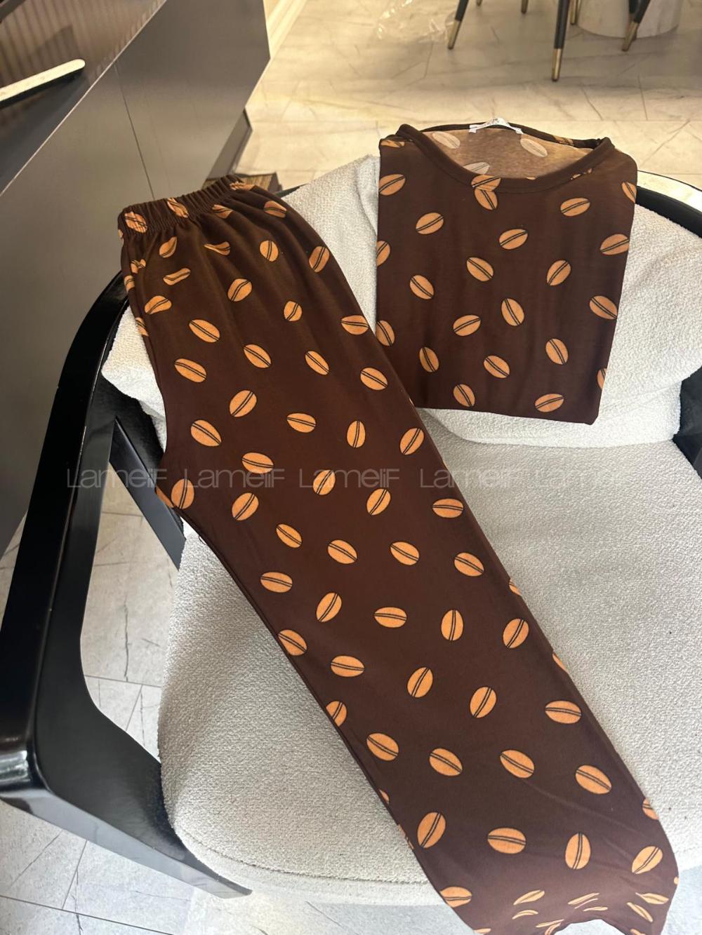 Lamelif Kahve Çekirdeği Detaylı Pijama Takımı