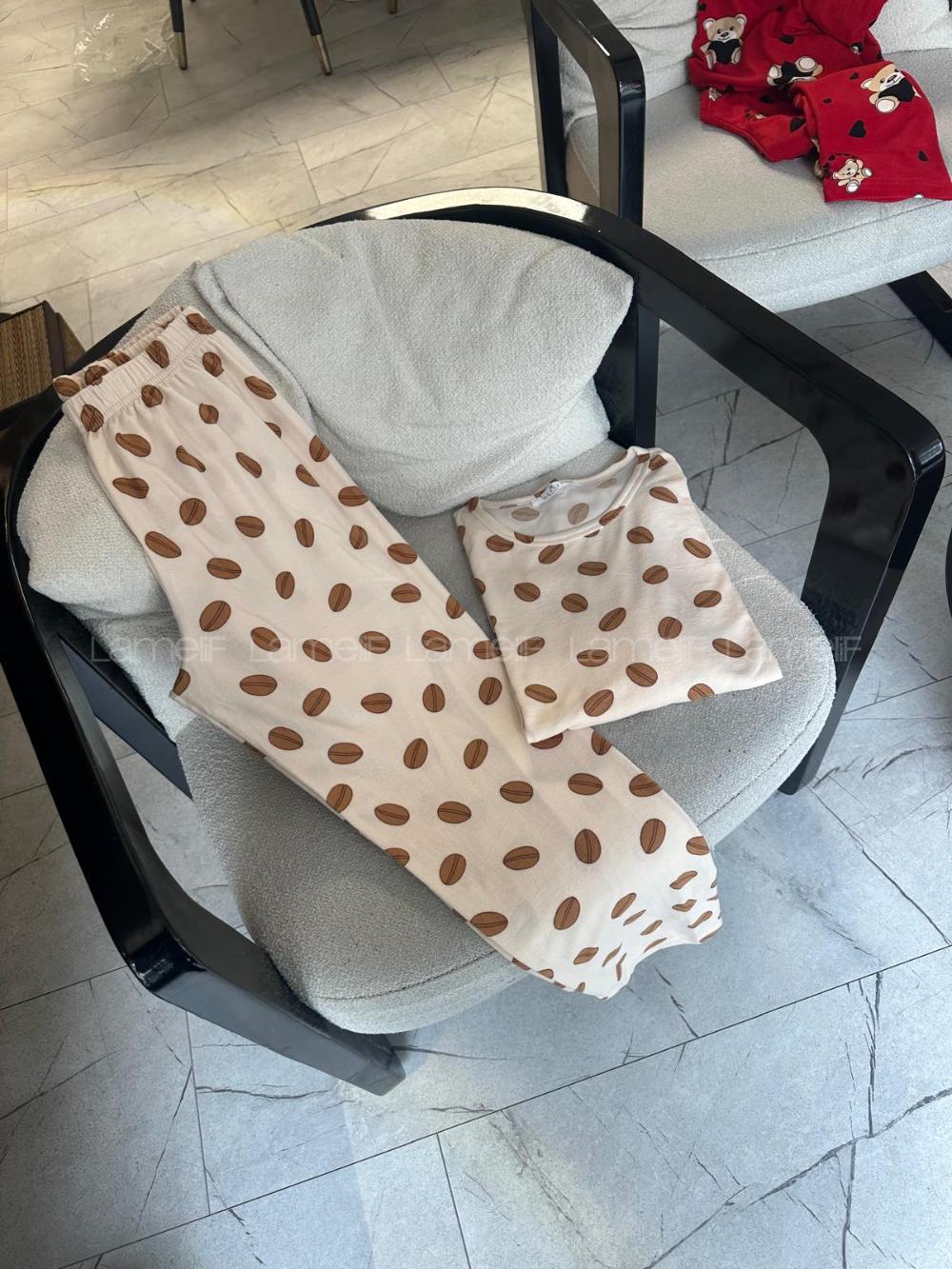 Lamelif Kahve Çekirdeği Detaylı Pijama Takımı