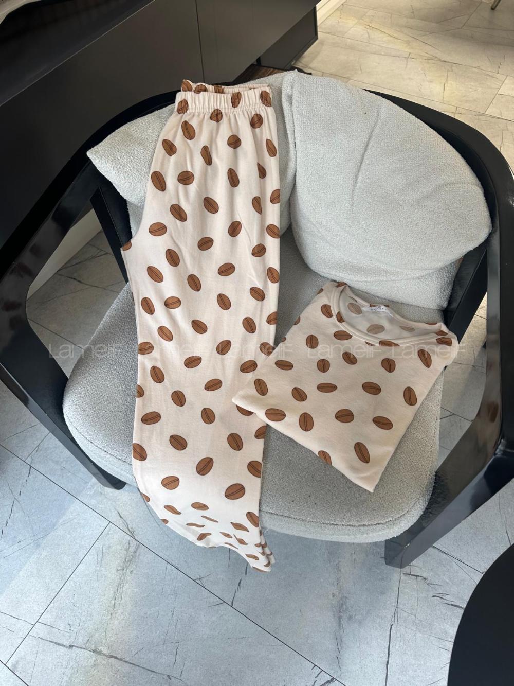 Lamelif Kahve Çekirdeği Detaylı Pijama Takımı