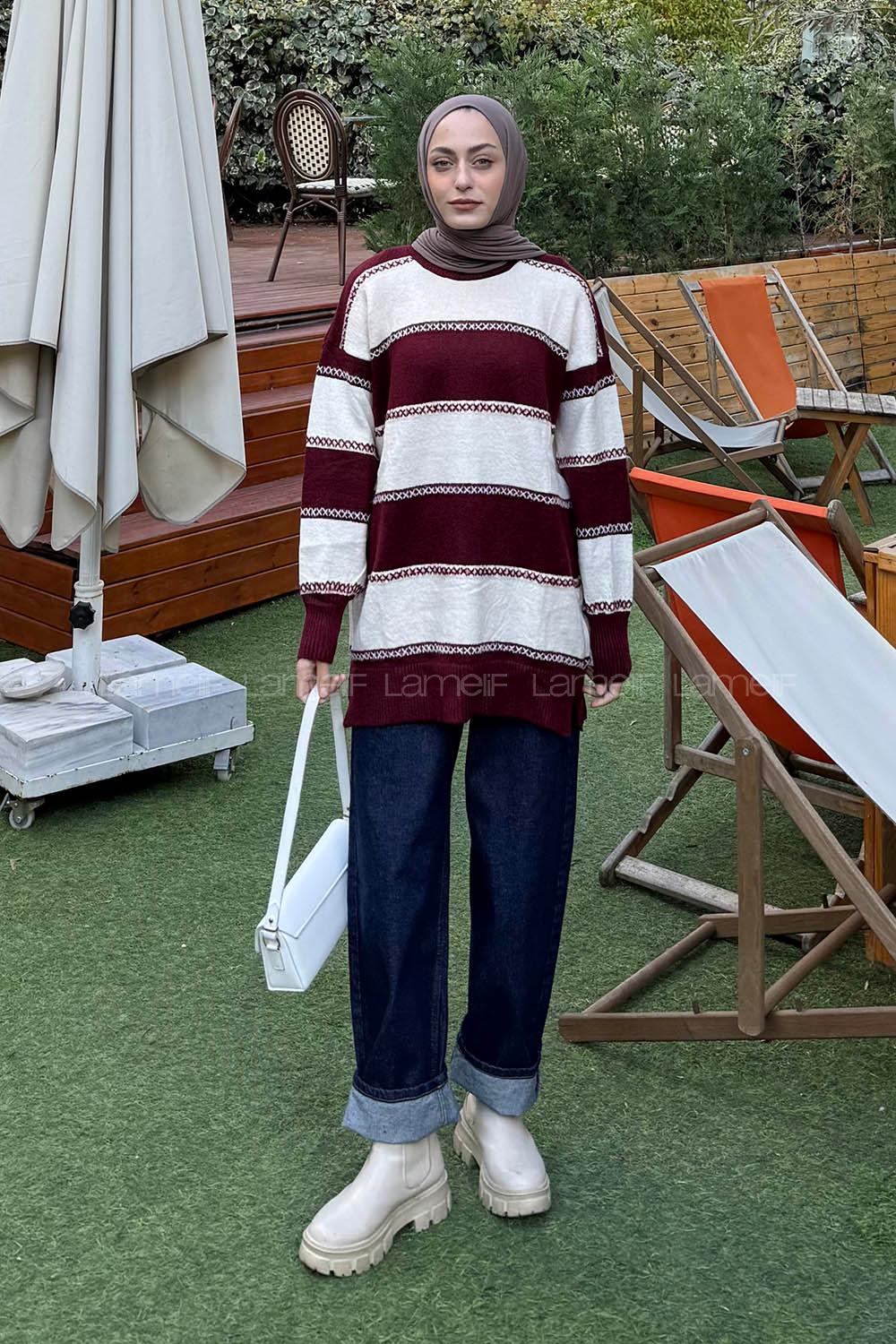 Lamelif Kalın Çizgili Kazak Bordo