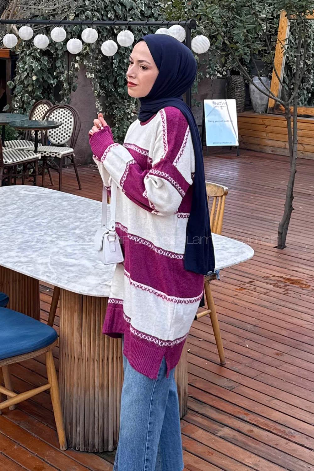 Lamelif Kalın Çizgili Kazak Fuşya