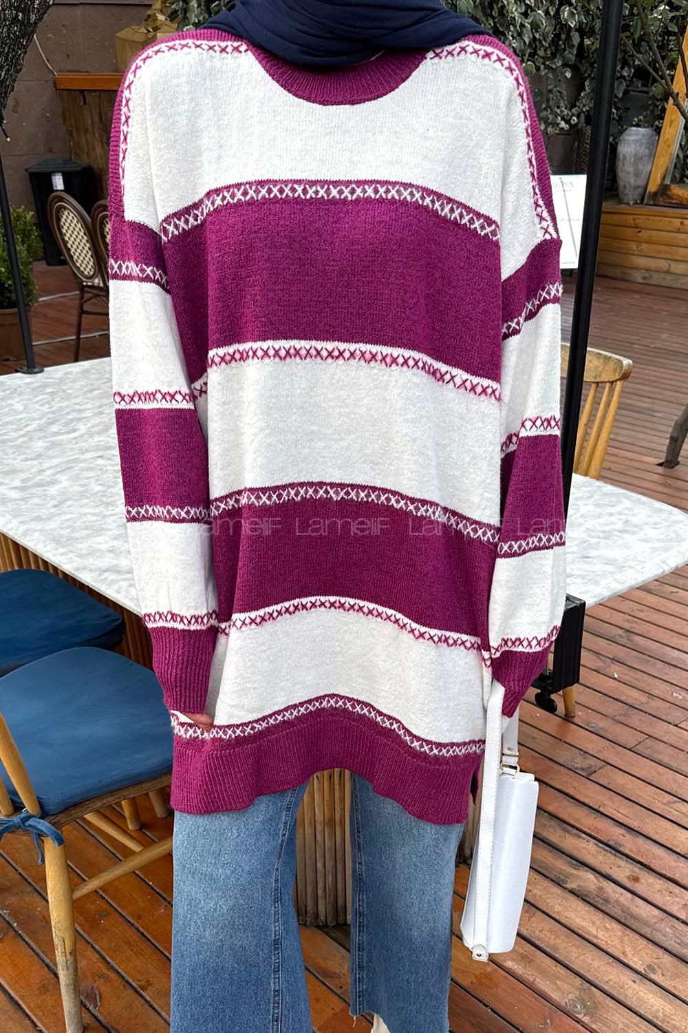 Lamelif Kalın Çizgili Kazak Fuşya