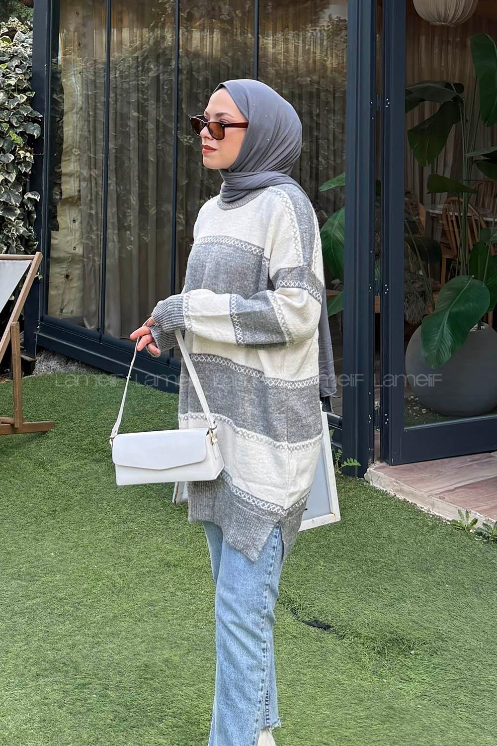 Lamelif Kalın Çizgili Kazak Koyu Gri