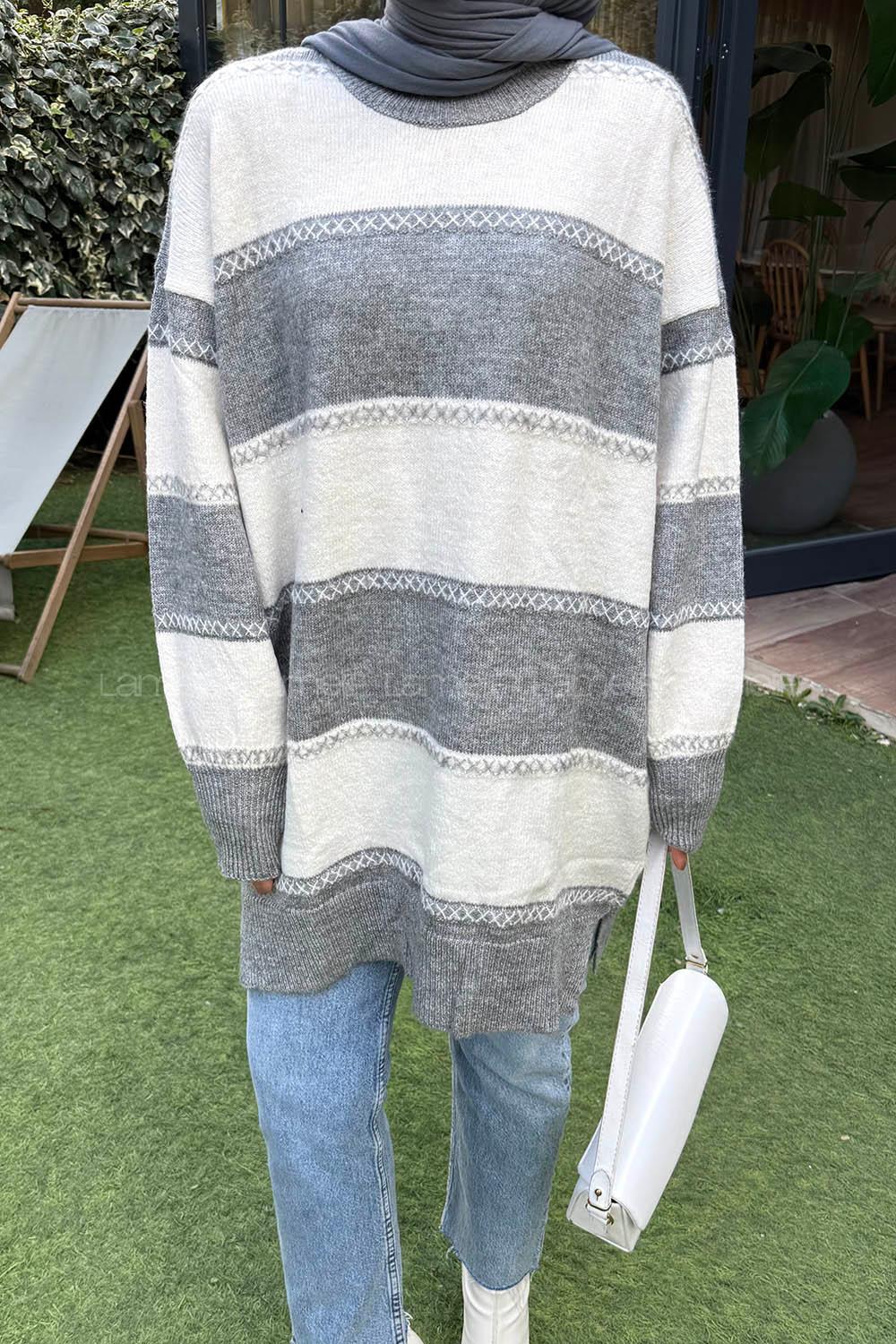 Lamelif Kalın Çizgili Kazak Koyu Gri