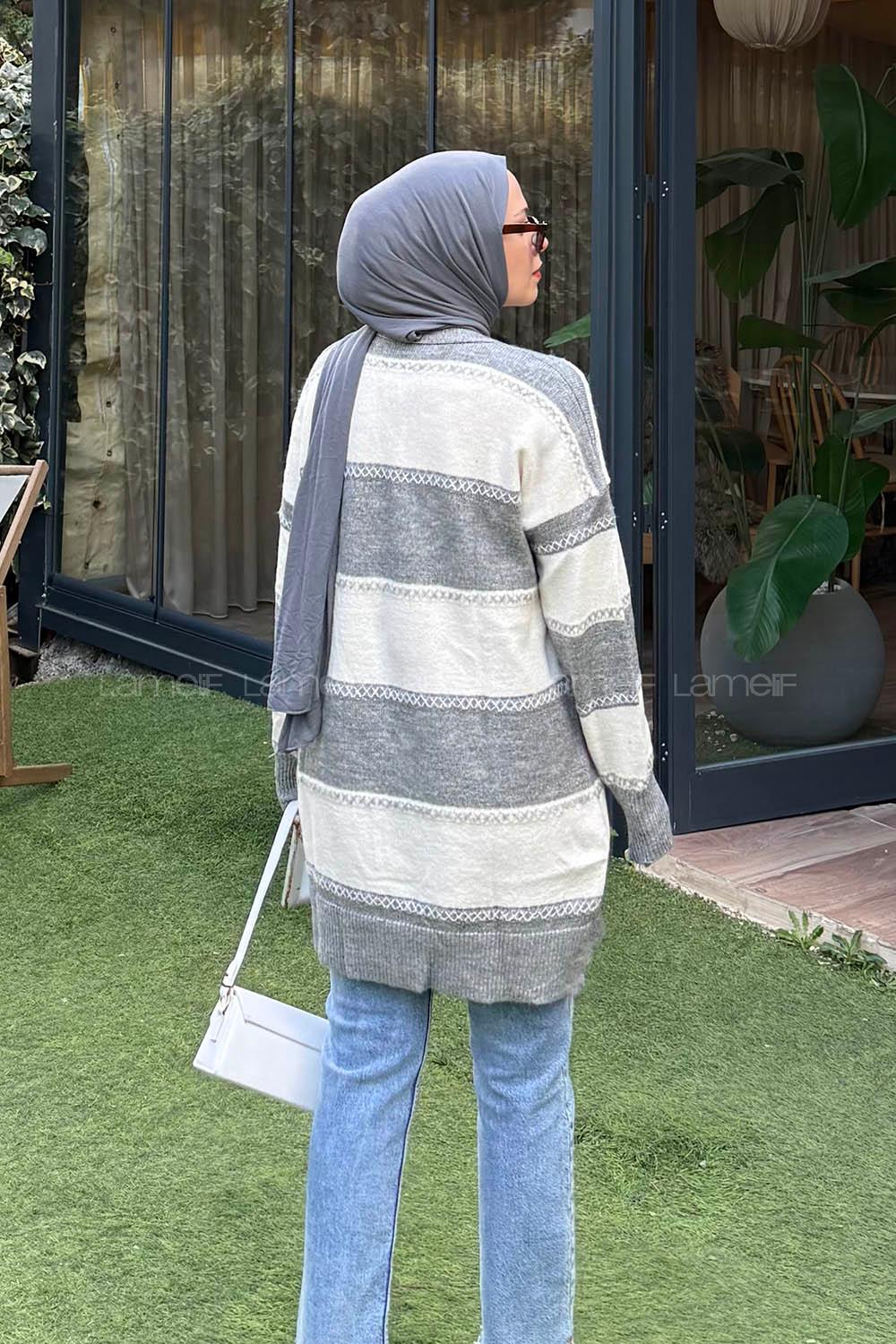 Lamelif Kalın Çizgili Kazak Koyu Gri