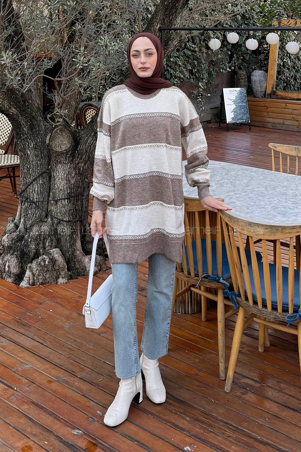 Lamelif Kalın Çizgili Kazak Soft Kahve