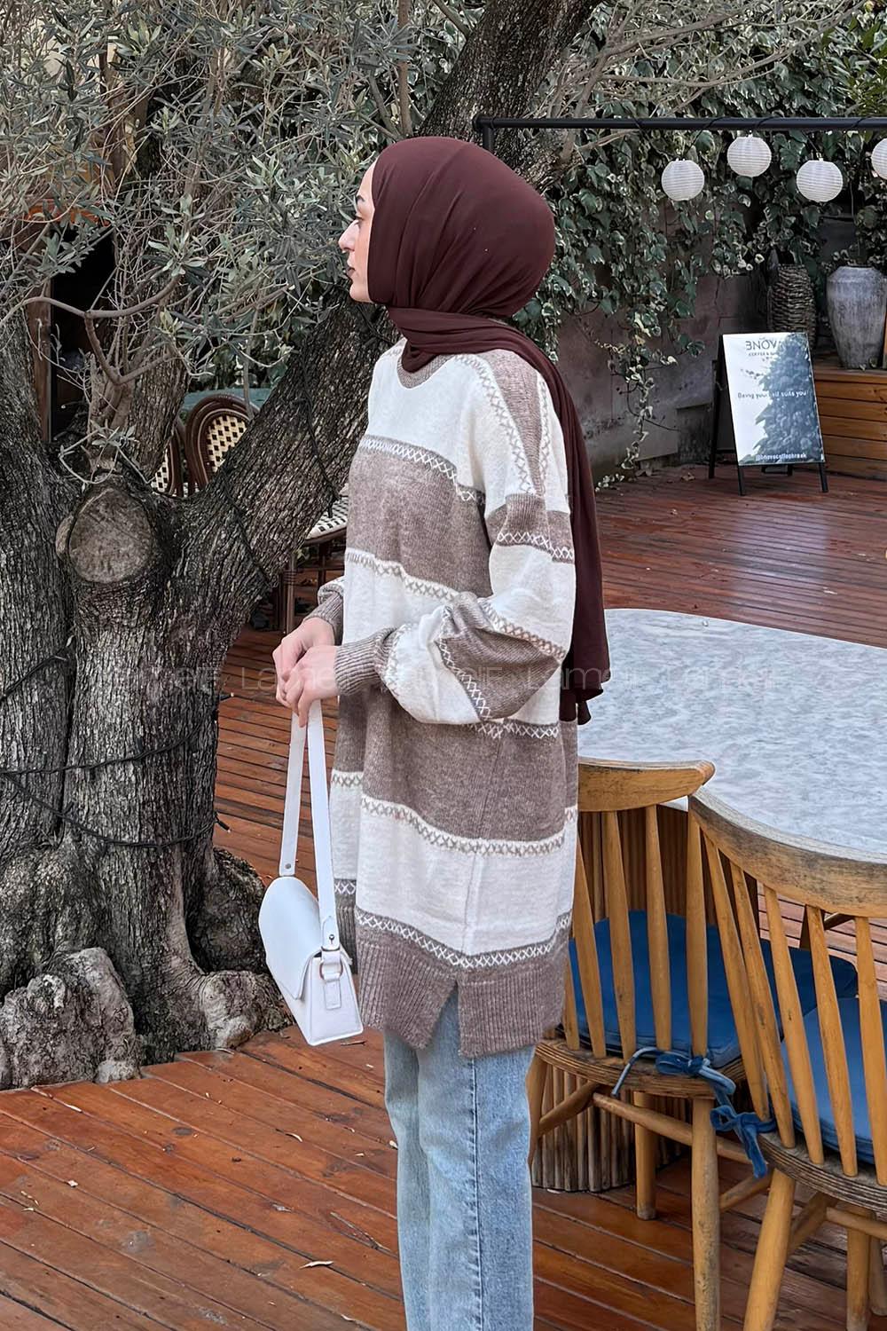 Lamelif Kalın Çizgili Kazak Soft Kahve