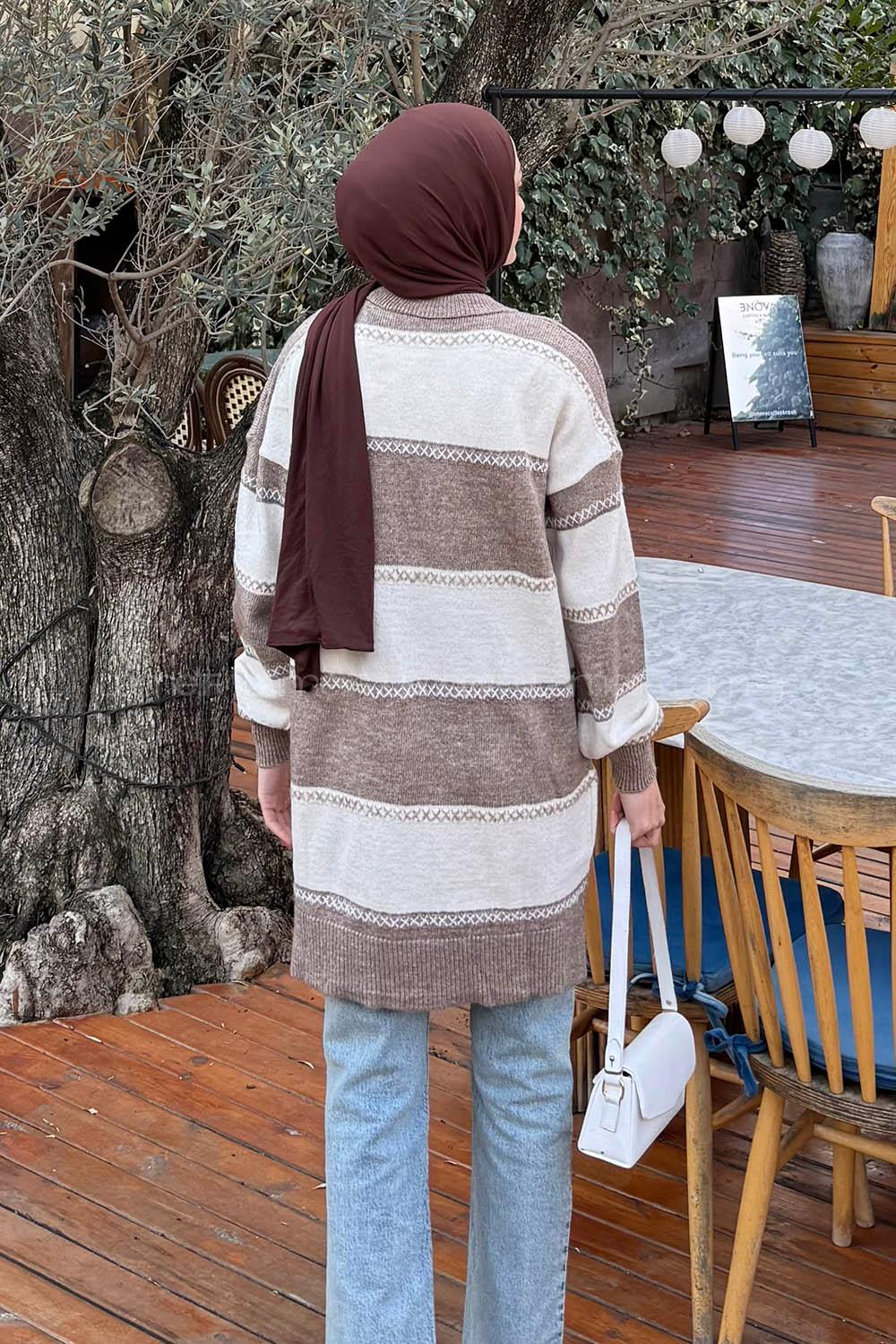 Lamelif Kalın Çizgili Kazak Soft Kahve