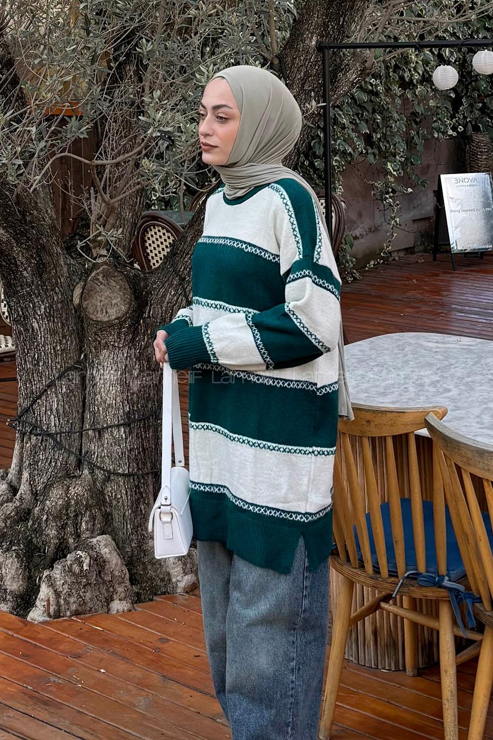 Lamelif Kalın Çizgili Kazak Zümrüt