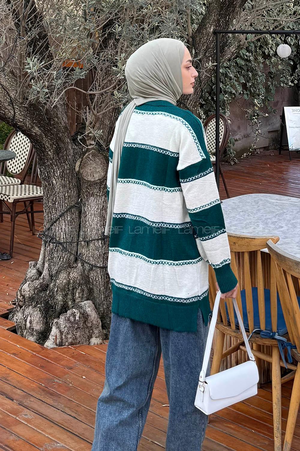 Lamelif Kalın Çizgili Kazak Zümrüt