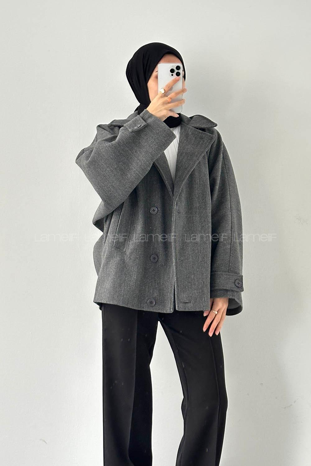 Lamelif Kol Kemerli Kaşe Kaban Antrasit