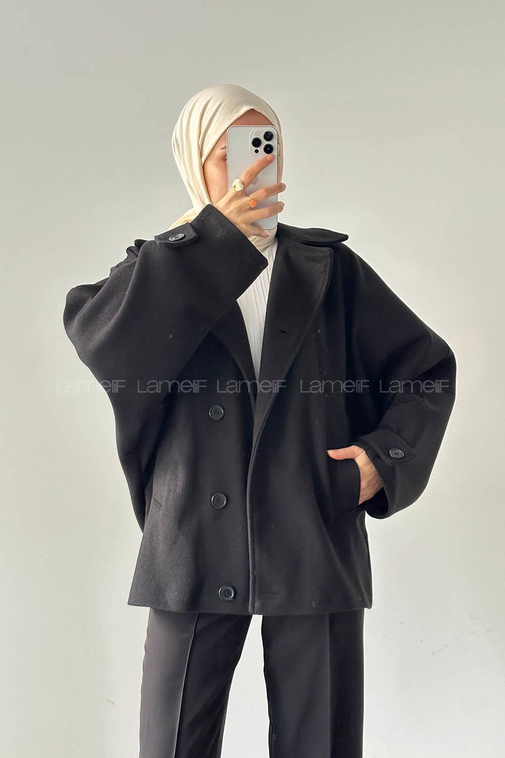 Lamelif Kol Kemerli Kaşe Kaban Siyah