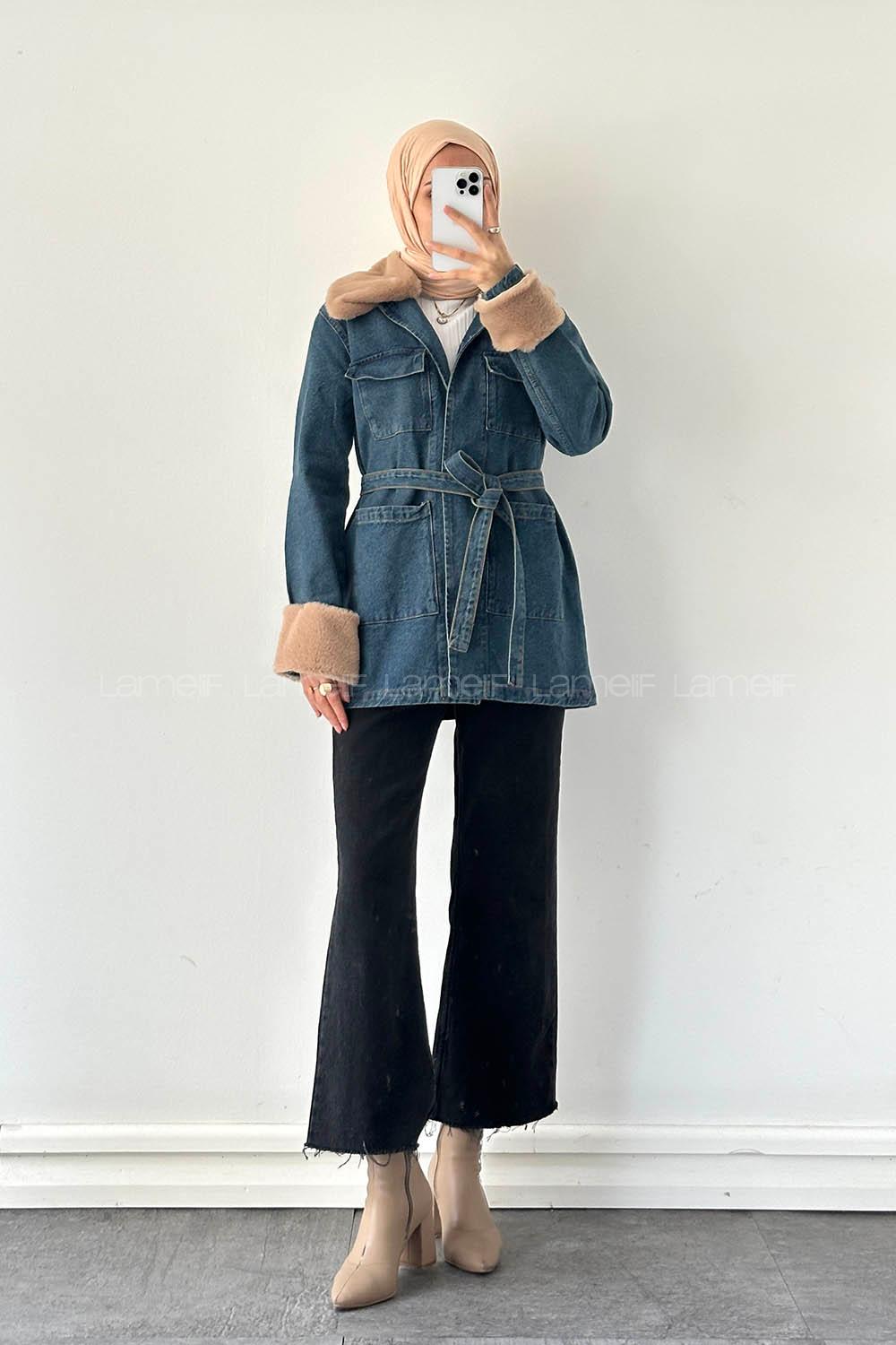 Lamelif Kürklü Denim Mont Kot Mavisi