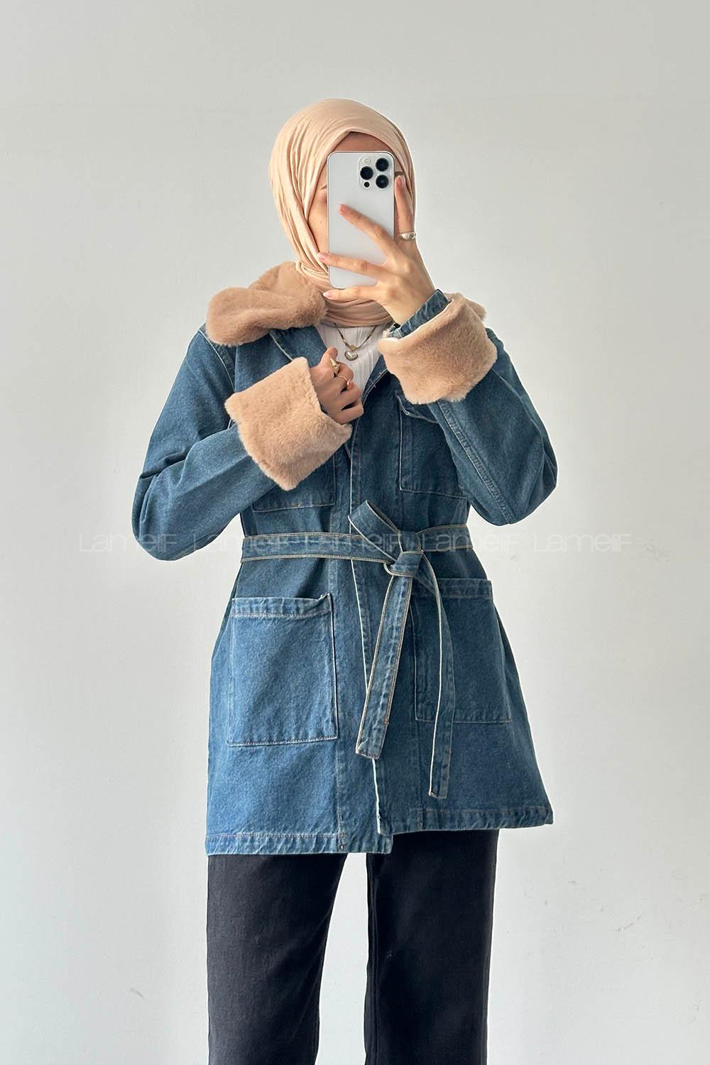 Lamelif Kürklü Denim Mont Kot Mavisi
